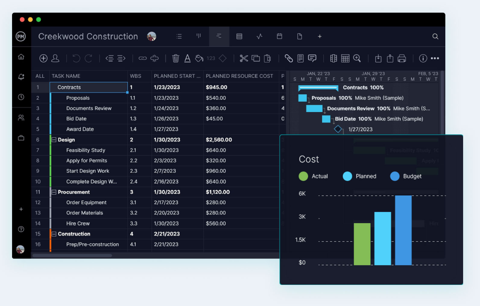 ProjectManager software with Gantt chart and cost panel from tracking dashboard